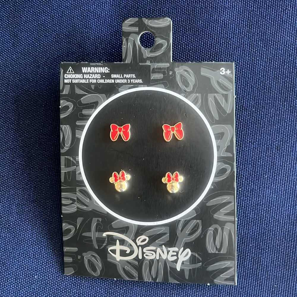 New Aldi Disney 2025 2 Pair Earrings Gold Minnie Head & Red Bows